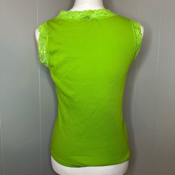 Vintage Y2K Bill Blass Bright Green Ribbed Lace Tank Top Small - Picture 4 of 5